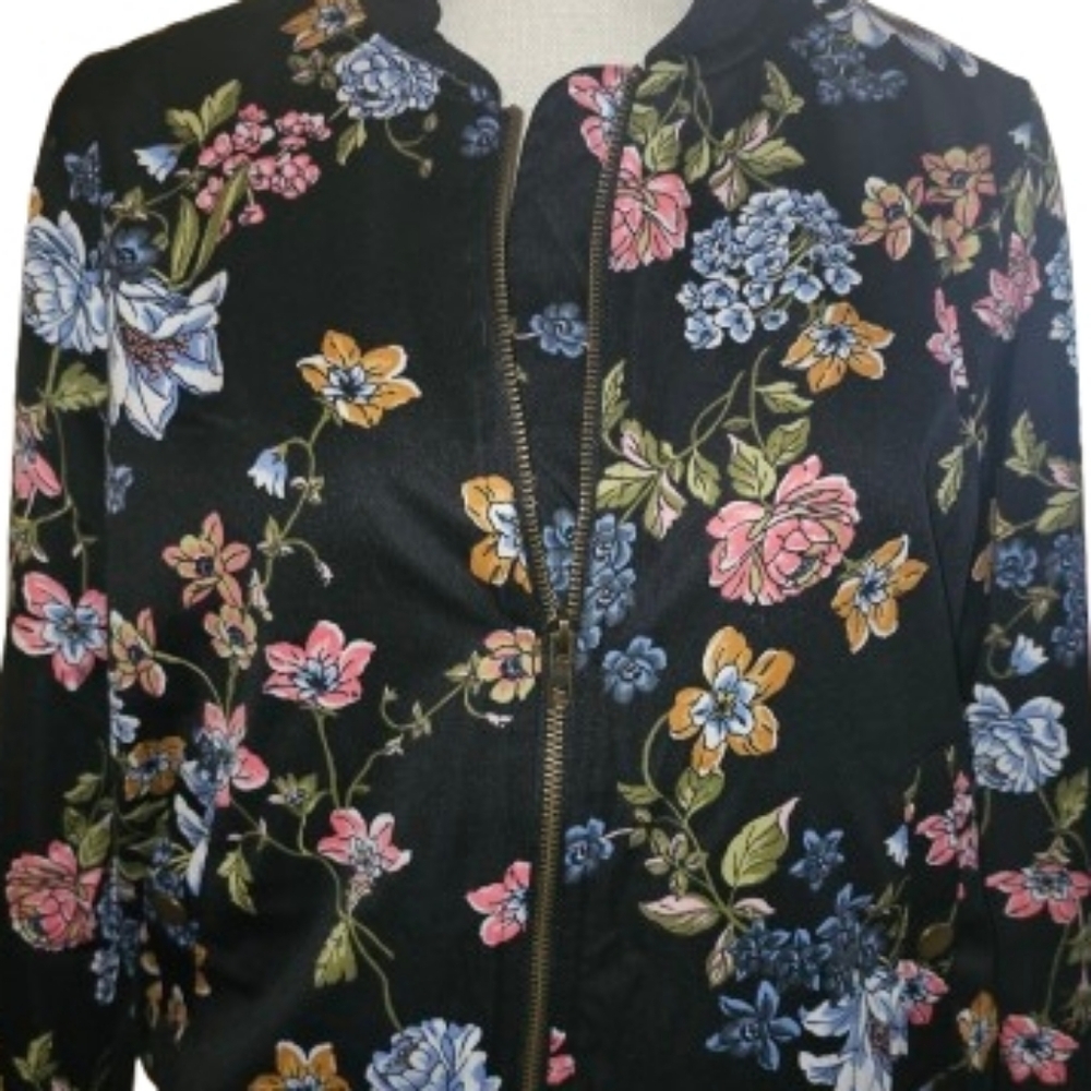 Pink Rose Floral Bomber Jacket - Black Multi Fully Lined - Picture 6 of 10